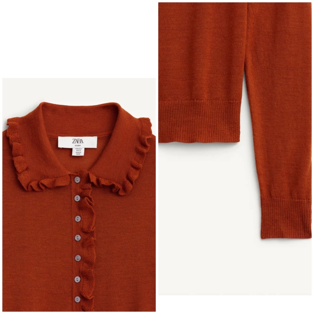 Zara Rust Ruffle-Trim Button Cardigan - Picture 3 of 15